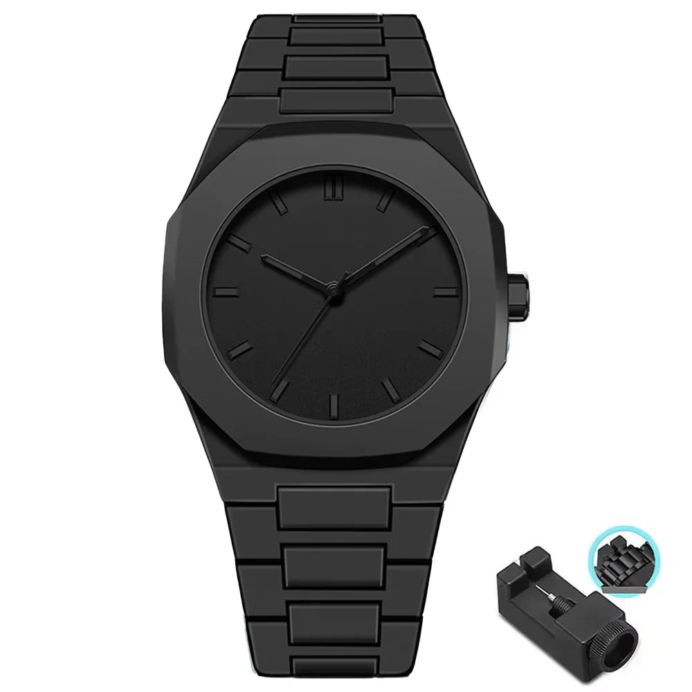 Men'S Fashion Simple Black Large Dial Quartz Watch Casual Polycarbonate Butterfly Buckle Strap Male Waterproof Clock Wristwatch