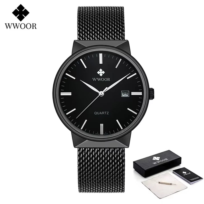 Men Simple Slim Watches Luxury Brand Gold Steel Mesh Ultra Thin Waterproof Date Wrist Watch Men Golden Clock with Box Pack