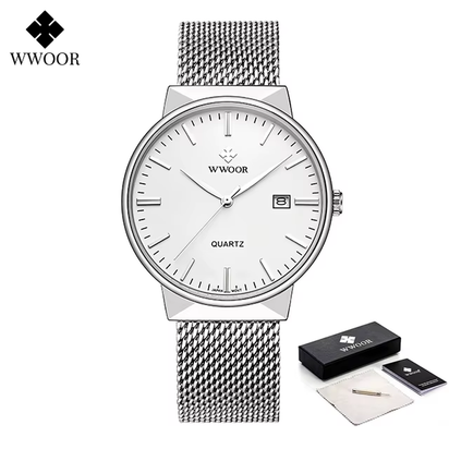 Men Simple Slim Watches Luxury Brand Gold Steel Mesh Ultra Thin Waterproof Date Wrist Watch Men Golden Clock with Box Pack