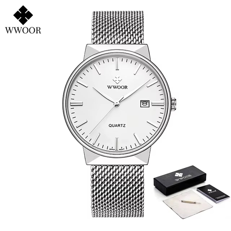 Men Simple Slim Watches Luxury Brand Gold Steel Mesh Ultra Thin Waterproof Date Wrist Watch Men Golden Clock with Box Pack