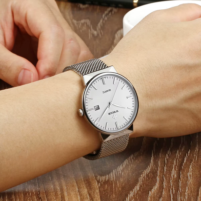 Men Simple Slim Watches Luxury Brand Gold Steel Mesh Ultra Thin Waterproof Date Wrist Watch Men Golden Clock with Box Pack