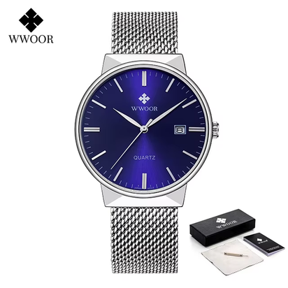 Men Simple Slim Watches Luxury Brand Gold Steel Mesh Ultra Thin Waterproof Date Wrist Watch Men Golden Clock with Box Pack