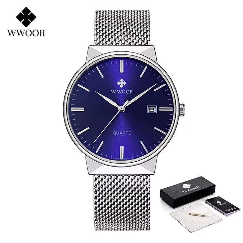Men Simple Slim Watches Luxury Brand Gold Steel Mesh Ultra Thin Waterproof Date Wrist Watch Men Golden Clock with Box Pack