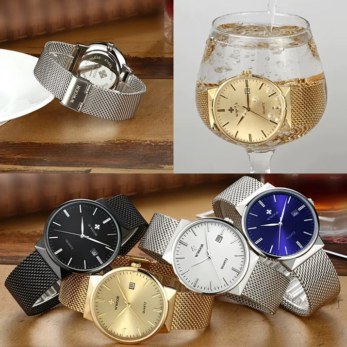 Men Simple Slim Watches Luxury Brand Gold Steel Mesh Ultra Thin Waterproof Date Wrist Watch Men Golden Clock with Box Pack
