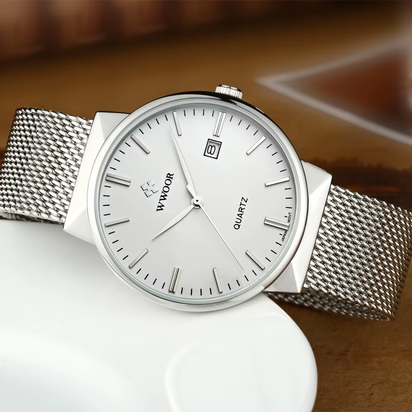 Men Simple Slim Watches Luxury Brand Gold Steel Mesh Ultra Thin Waterproof Date Wrist Watch Men Golden Clock with Box Pack