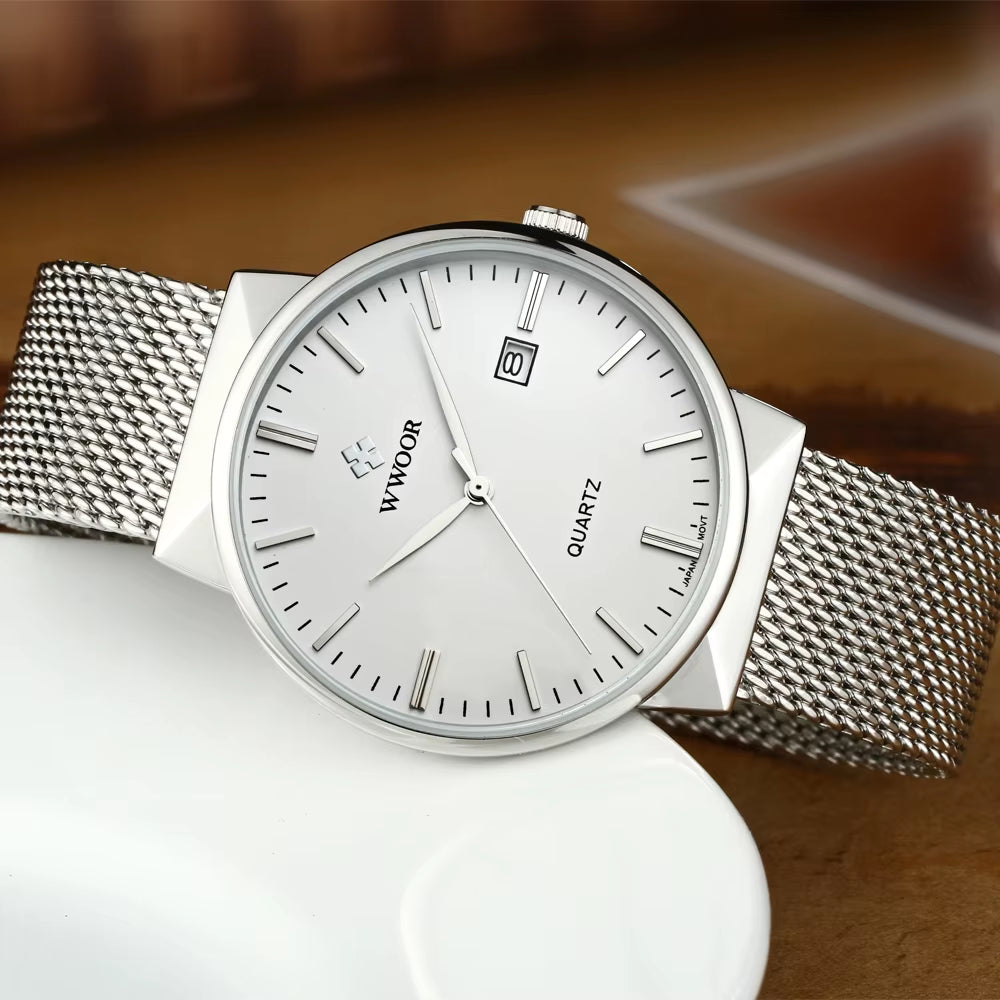 Men Simple Slim Watches Luxury Brand Gold Steel Mesh Ultra Thin Waterproof Date Wrist Watch Men Golden Clock with Box Pack