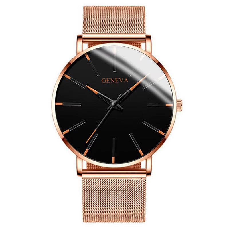 2025 New Fashion Mens Watch Luxury Ultra Thin Stainless Steel Mesh Strap Quartz Watch Rose Gold Watches for Men Reloj Hombre
