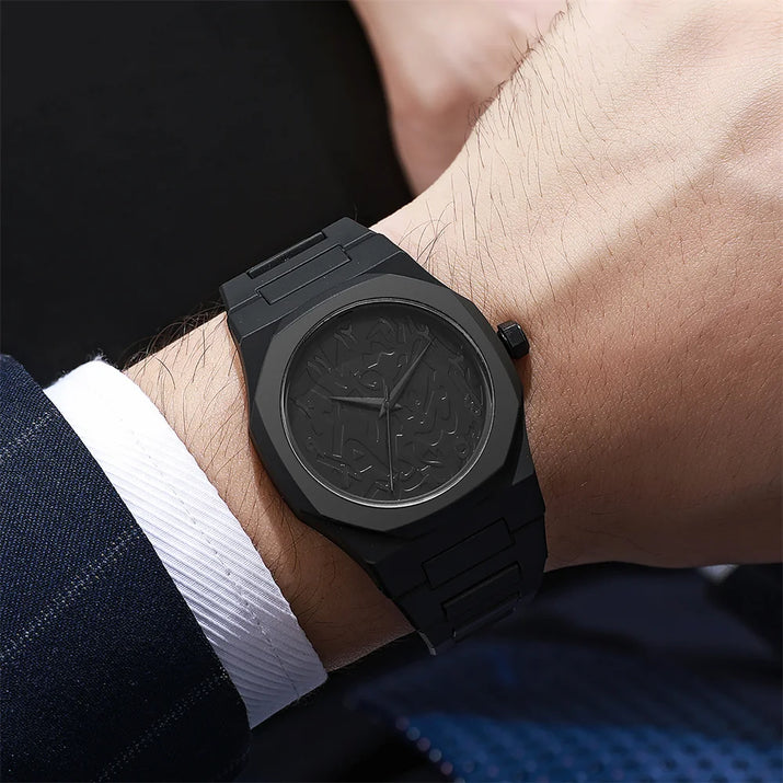 Men'S Fashion Simple Black Large Dial Quartz Watch Casual Polycarbonate Butterfly Buckle Strap Male Waterproof Clock Wristwatch