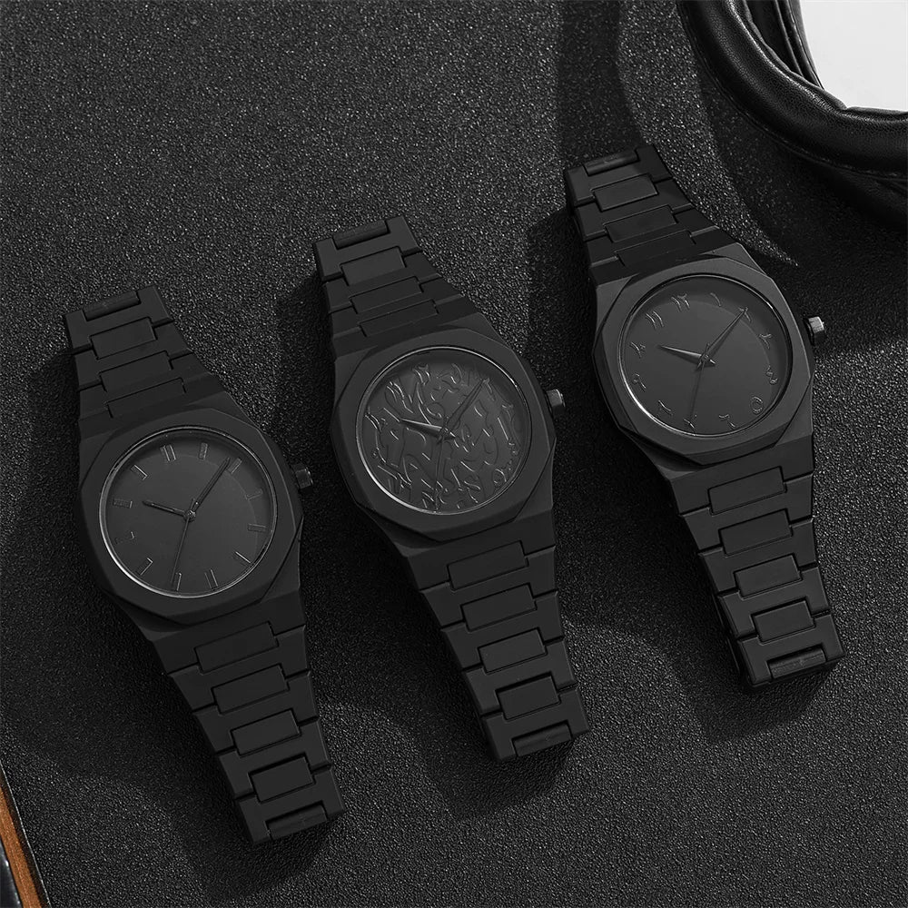 Men'S Fashion Simple Black Large Dial Quartz Watch Casual Polycarbonate Butterfly Buckle Strap Male Waterproof Clock Wristwatch