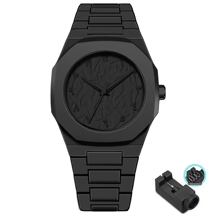 Men'S Fashion Simple Black Large Dial Quartz Watch Casual Polycarbonate Butterfly Buckle Strap Male Waterproof Clock Wristwatch