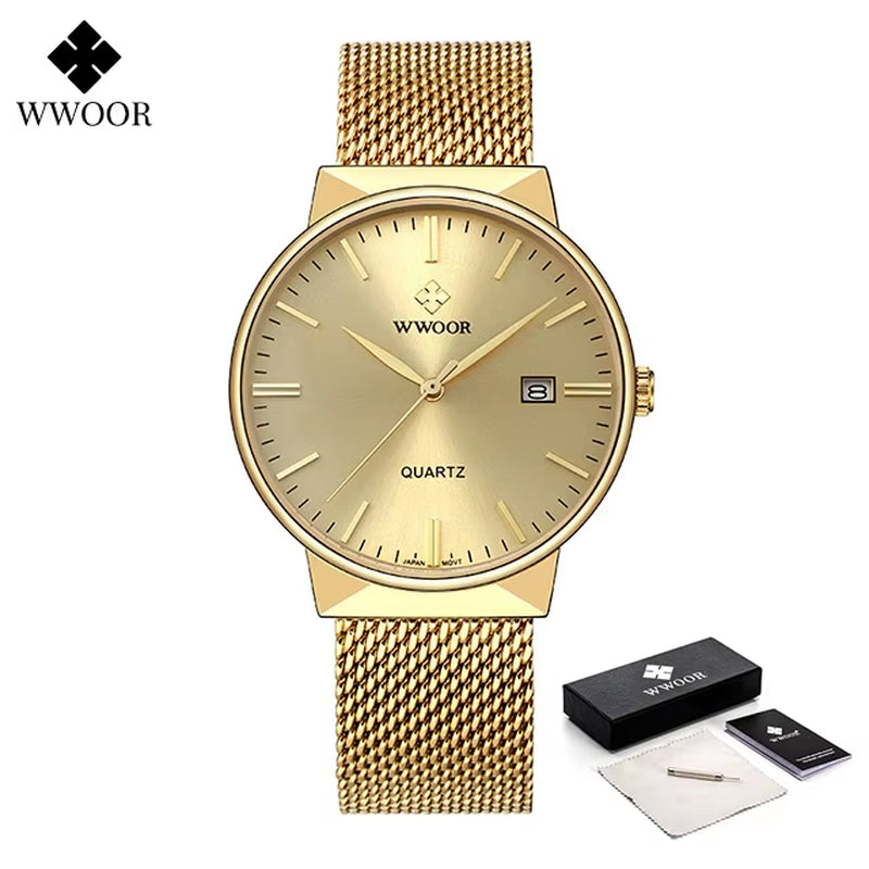 Men Simple Slim Watches Luxury Brand Gold Steel Mesh Ultra Thin Waterproof Date Wrist Watch Men Golden Clock with Box Pack