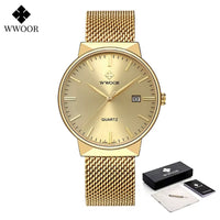Men Simple Slim Watches Luxury Brand Gold Steel Mesh Ultra Thin Waterproof Date Wrist Watch Men Golden Clock with Box Pack