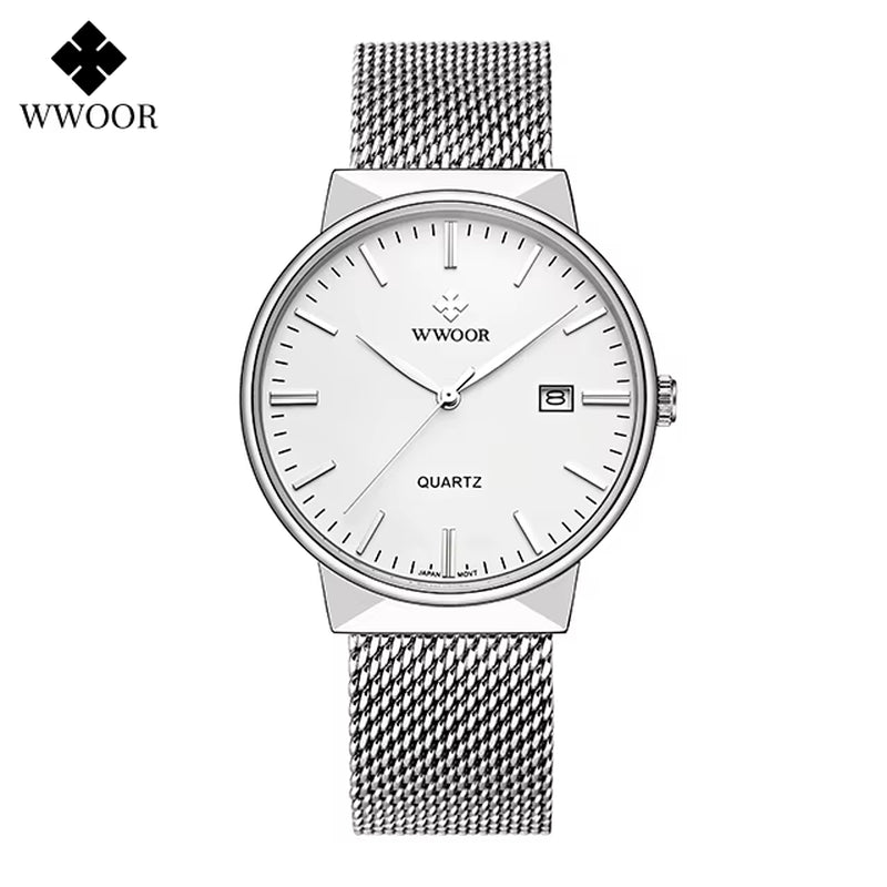 Men Simple Slim Watches Luxury Brand Gold Steel Mesh Ultra Thin Waterproof Date Wrist Watch Men Golden Clock with Box Pack