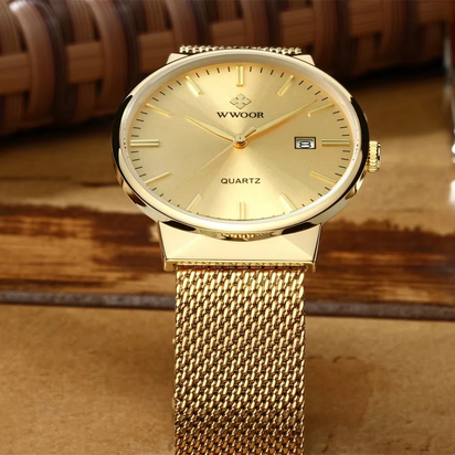Men Simple Slim Watches Luxury Brand Gold Steel Mesh Ultra Thin Waterproof Date Wrist Watch Men Golden Clock with Box Pack