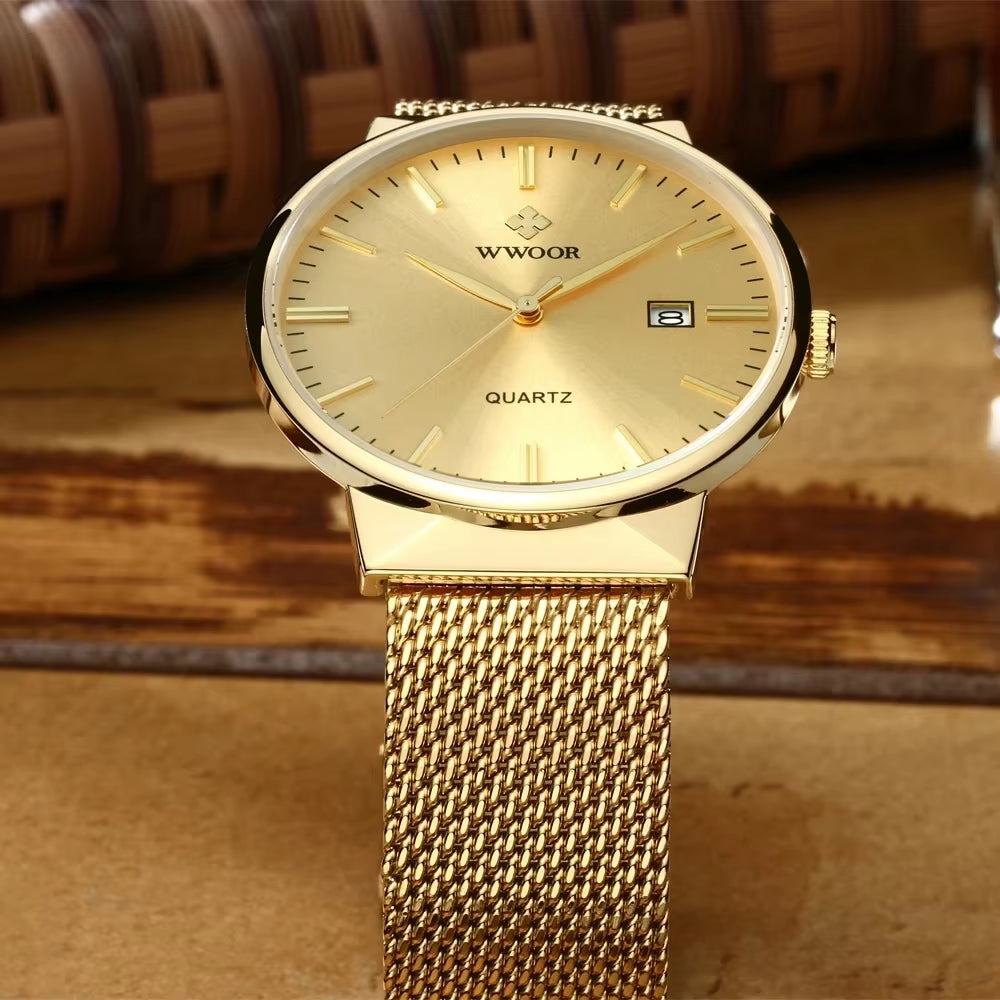 Men Simple Slim Watches Luxury Brand Gold Steel Mesh Ultra Thin Waterproof Date Wrist Watch Men Golden Clock with Box Pack