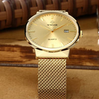 Men Simple Slim Watches Luxury Brand Gold Steel Mesh Ultra Thin Waterproof Date Wrist Watch Men Golden Clock with Box Pack