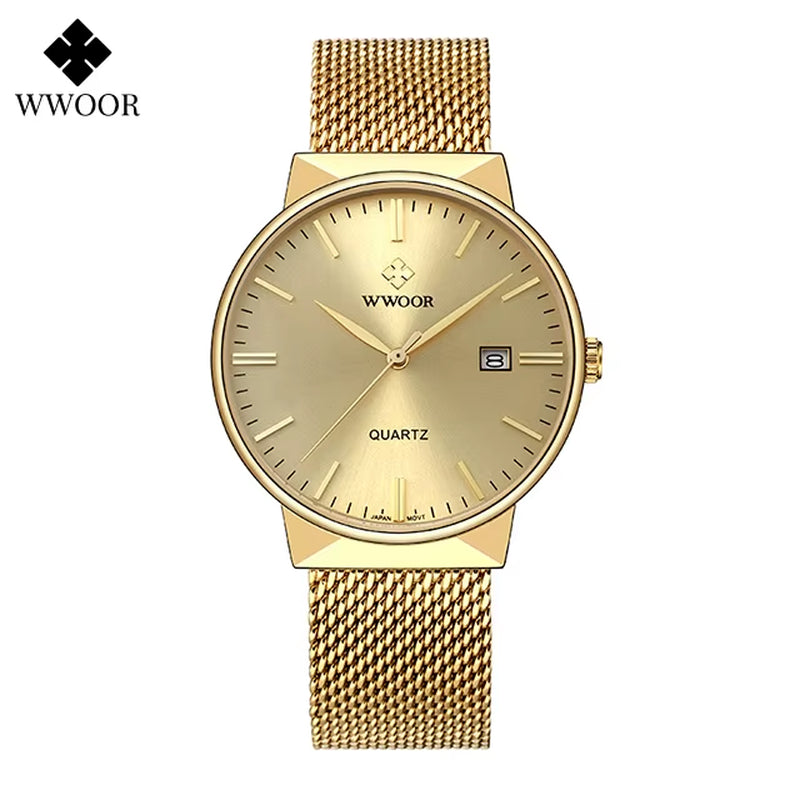 Men Simple Slim Watches Luxury Brand Gold Steel Mesh Ultra Thin Waterproof Date Wrist Watch Men Golden Clock with Box Pack