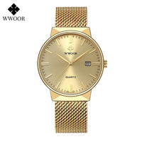 Men Simple Slim Watches Luxury Brand Gold Steel Mesh Ultra Thin Waterproof Date Wrist Watch Men Golden Clock with Box Pack