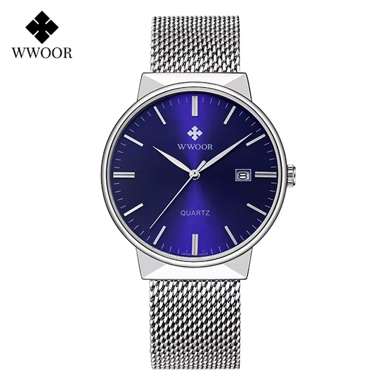 Men Simple Slim Watches Luxury Brand Gold Steel Mesh Ultra Thin Waterproof Date Wrist Watch Men Golden Clock with Box Pack