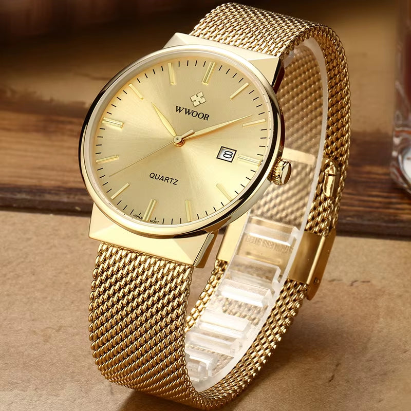 Men Simple Slim Watches Luxury Brand Gold Steel Mesh Ultra Thin Waterproof Date Wrist Watch Men Golden Clock with Box Pack