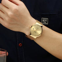 Men Simple Slim Watches Luxury Brand Gold Steel Mesh Ultra Thin Waterproof Date Wrist Watch Men Golden Clock with Box Pack
